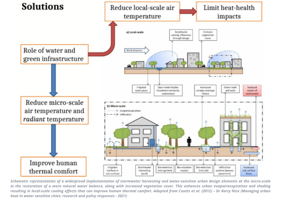 Schematic representation of a widespread implementation of stormwater harvesting and water sensitive urban design elements at the micro scale in the restoration of a more natural water balance along with
