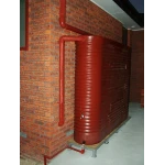 2000 Ltr Corrugated Slimline Tank on a modern metal and timber base raised over concrete next to brown bricks.